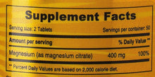 Supplement facts label: magnesium (as magnesium citrate) 400 mg, 100% daily value