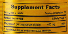 SUNSHINE NUTRITION supplement facts label showing 400 mg magnesium per serving two tablets magnesium citrate tablets UAE