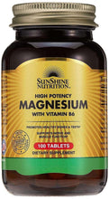 Magnesium supplement bottle with Sunshine Nutrition label and Vitamin B6, 100 tablets