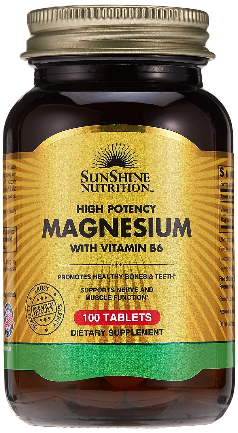SunShine Nutrition high potency bottle of magnesium with vitamin B6 supplement 100 tablets
