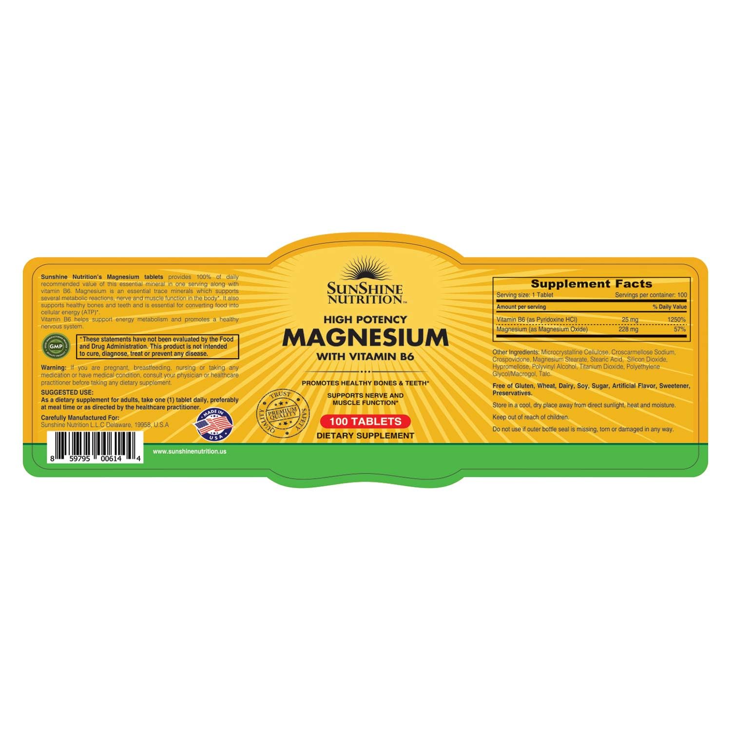 Sunshine Nutrition high potency magnesium with vitamin B6 supplement 100 tablets yellow bottle label