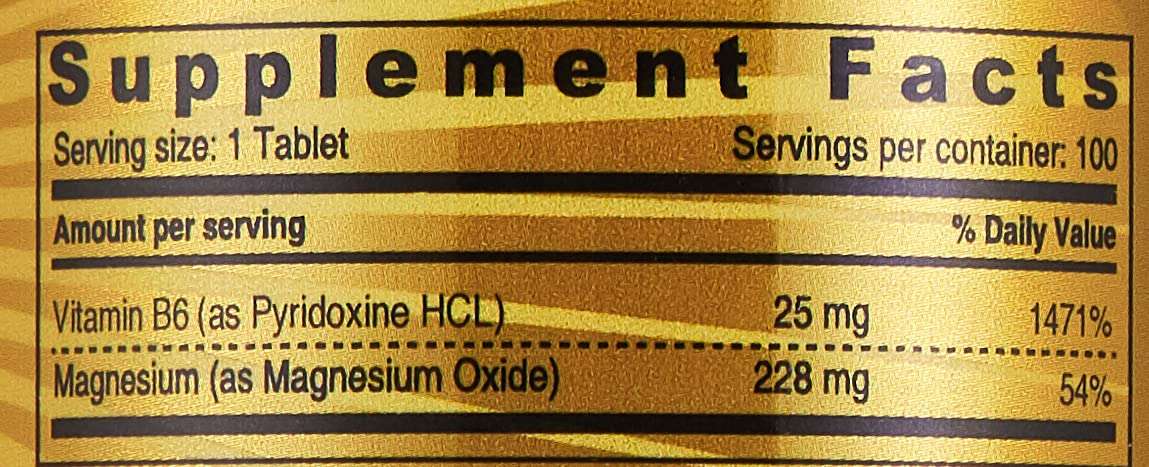 SUNSHINE NUTRITION supplement facts label showing Vitamin B6 25 mg and Magnesium 228 mg for magnesium with vitamin B6 supplement