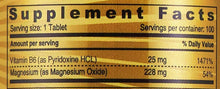 Supplement facts label: Vitamin B6 25 mg and magnesium 228 mg per tablet
