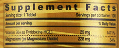 SUNSHINE NUTRITION supplement facts label showing Vitamin B6 25 mg and Magnesium 228 mg for magnesium with vitamin B6 supplement