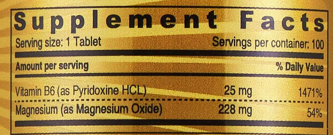 SUNSHINE NUTRITION gold supplement facts label for magnesium with vitamin B6 supplement 228 mg magnesium 25 mg B6