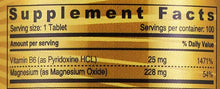 Supplement facts label showing Vitamin B6 25 mg and magnesium oxide 228 mg