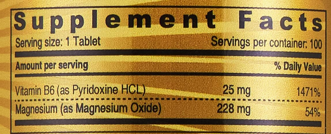 SUNSHINE NUTRITION gold supplement facts label for magnesium with vitamin B6 supplement 228 mg magnesium 25 mg B6