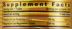 SUNSHINE NUTRITION gold supplement facts label for magnesium with vitamin B6 supplement 228 mg magnesium 25 mg B6