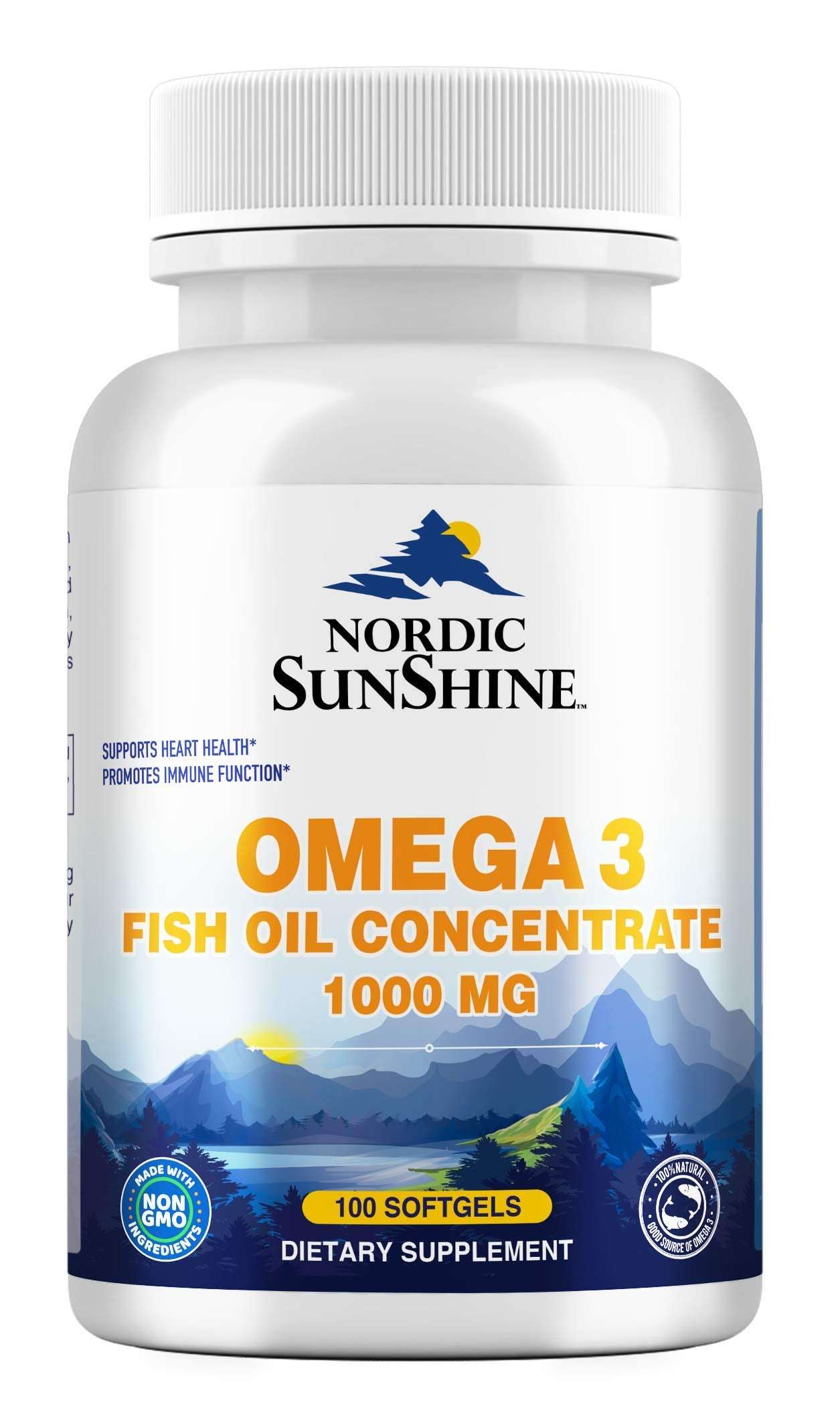 Nordic Sunshine omega 3 fish oil bottle 1000 mg concentrate with 100 softgels dietary supplement label