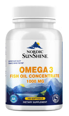 Nordic Sunshine omega 3 fish oil bottle 1000 mg concentrate with 100 softgels dietary supplement label