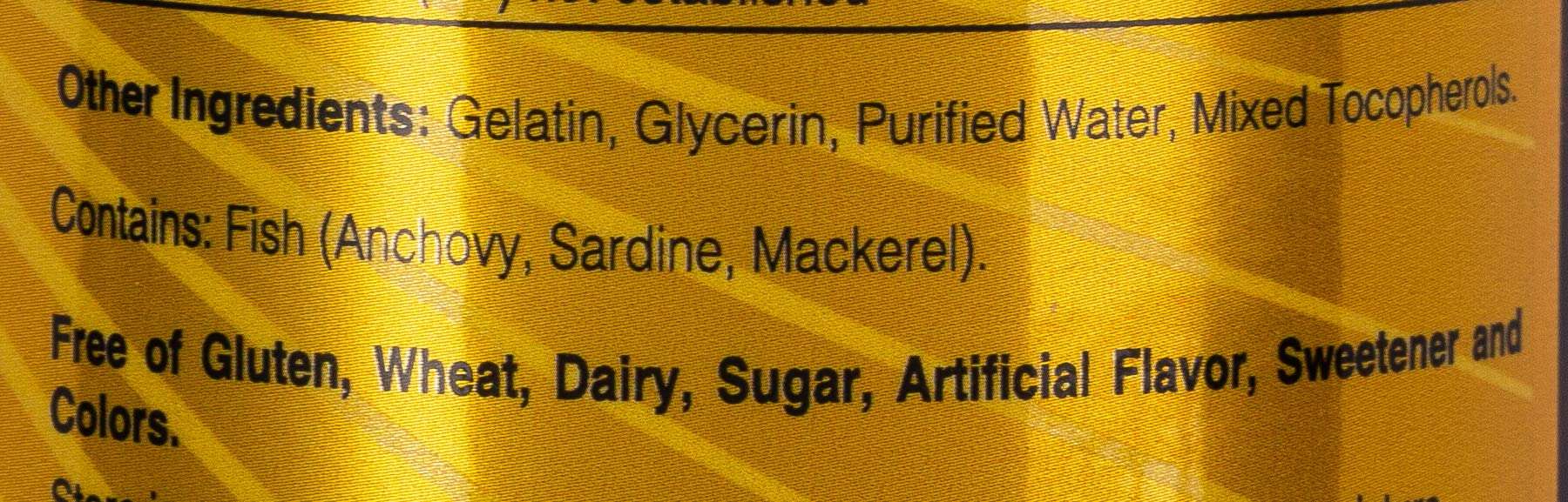 Label lists gelatin glycerin mixed tocopherols contains anchovy sardine mackerel free of gluten Omega-3 fish oil supplements UAE