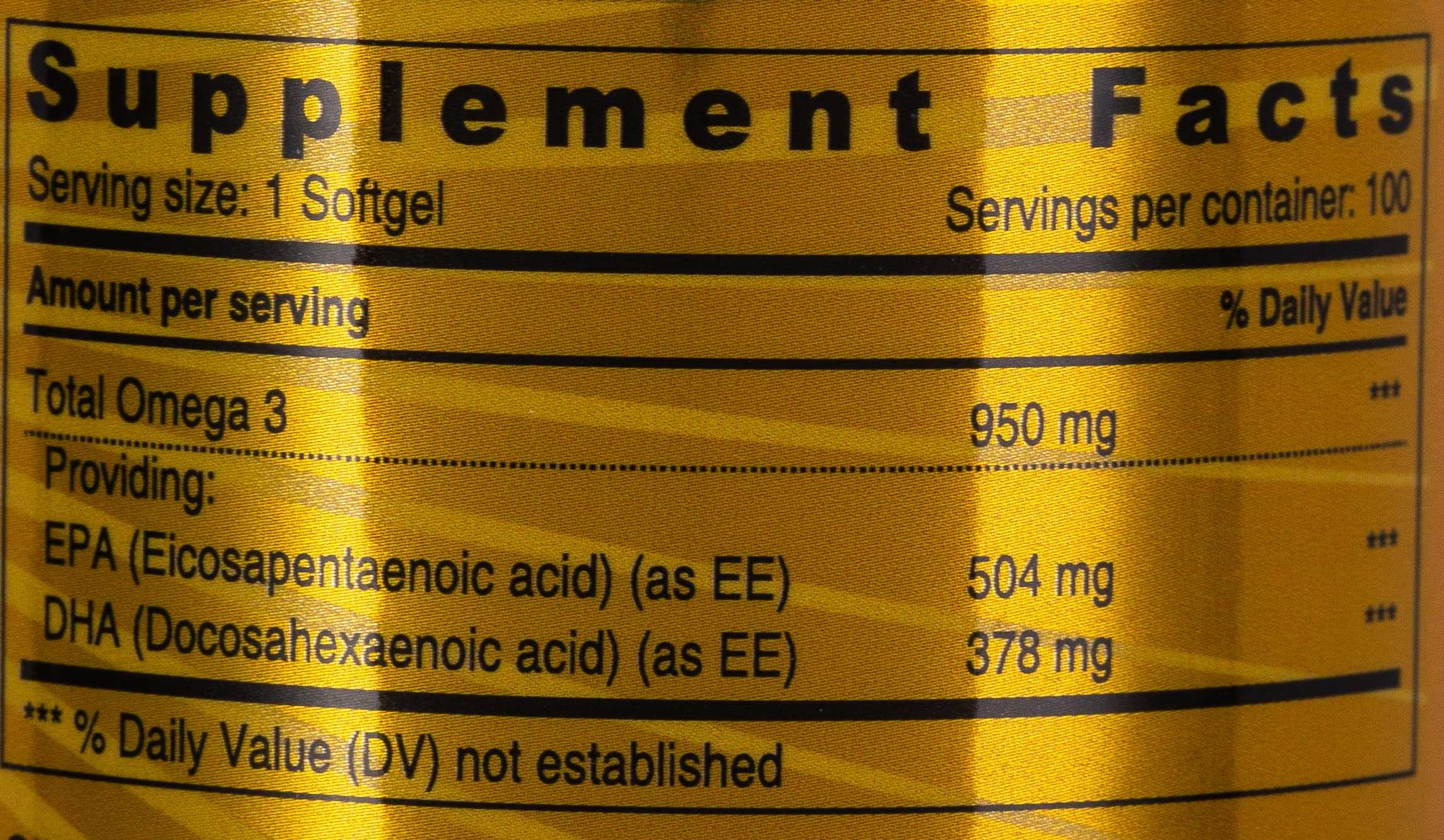 Omega-3 fish oil supplements UAE label showing supplement facts 1 softgel 950 mg total omega 3 EPA 504 mg DHA 378 mg