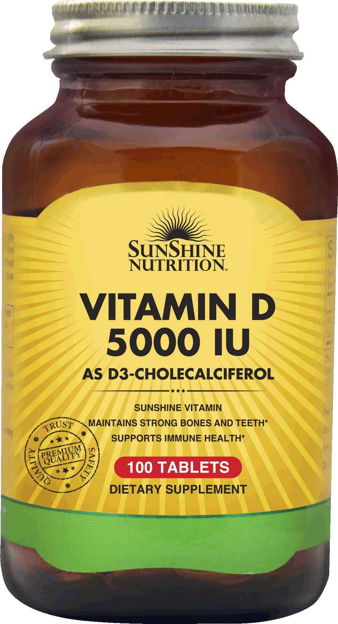 Sunshine Nutrition cholecalciferol supplement amber glass bottle Vitamin D 5000 IU 100 tablets