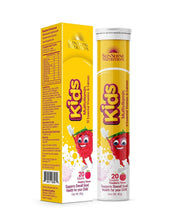 Sunshine Nutrition Kids effervescent multivitamin tablets, raspberry bottle and box