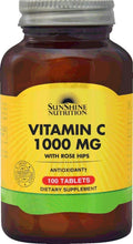 Vitamin C 1000 mg supplement bottle with rose hips label, 100 tablets
