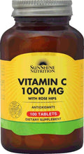 Vitamin C 1000 mg dietary supplement bottle with rose hips, 100 tablets label