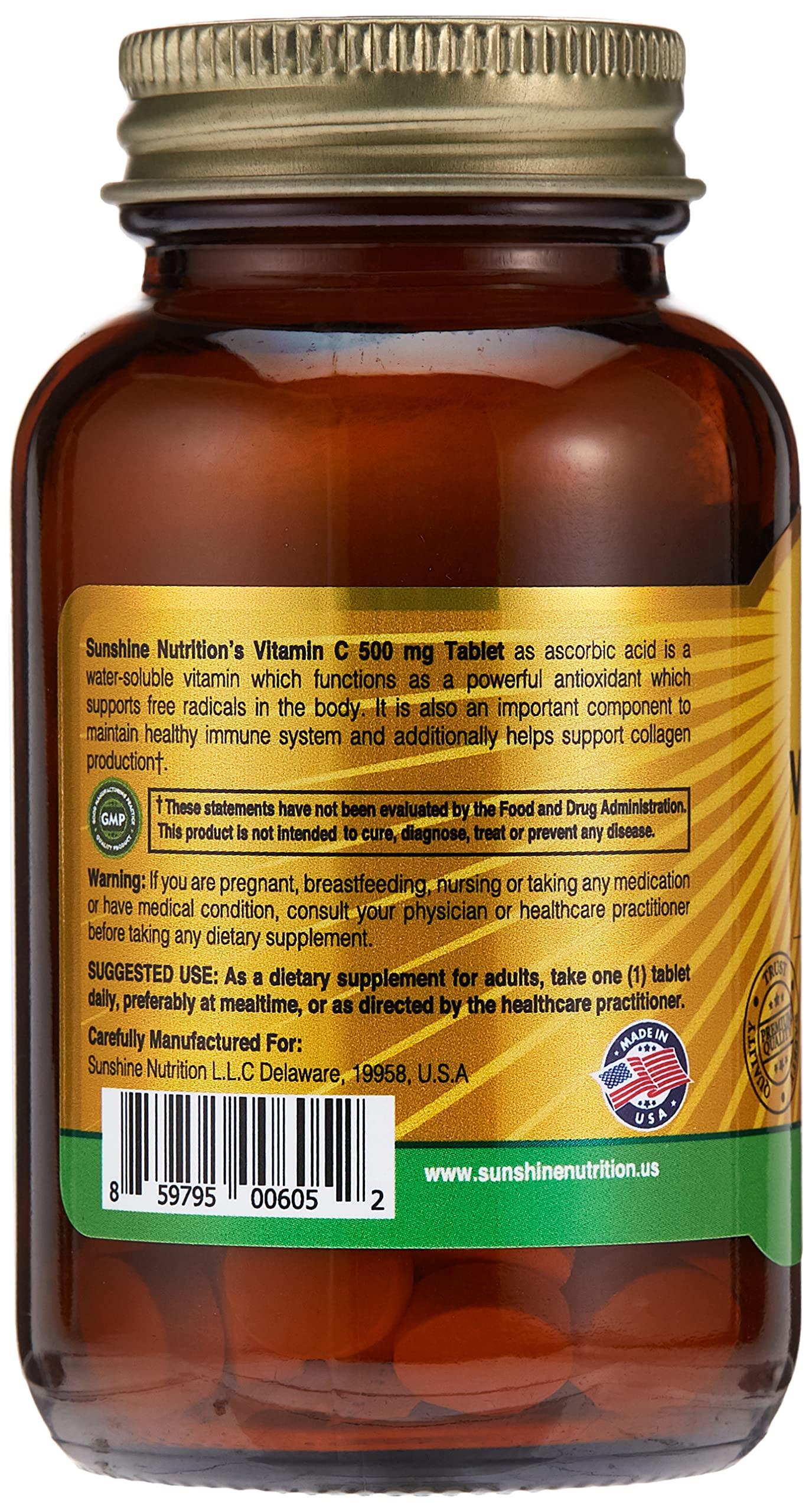 SUNSHINE NUTRITION brown glass bottle of Vitamin C 500mg tablets UAE with gold cap and product label