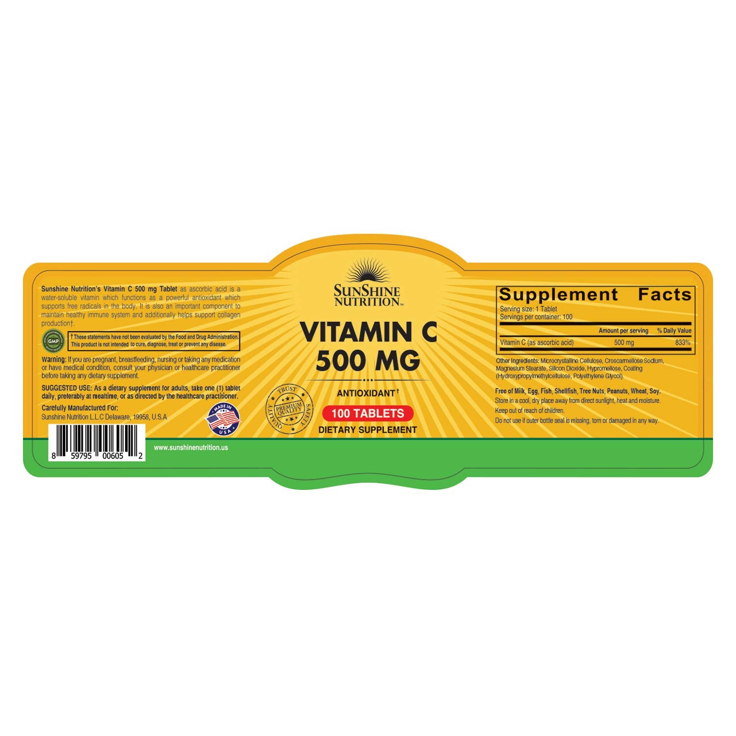 SUNSHINE NUTRITION label for Vitamin C 500mg tablets UAE showing 100 tablets yellow supplement facts panel