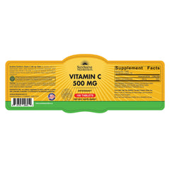SUNSHINE NUTRITION label for Vitamin C 500mg tablets UAE showing 100 tablets yellow supplement facts panel