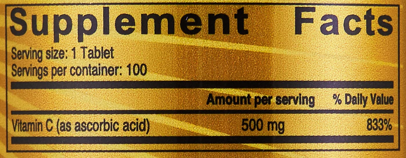 SUNSHINE NUTRITION supplement facts label showing Vitamin C 500mg tablets UAE 100 servings per bottle
