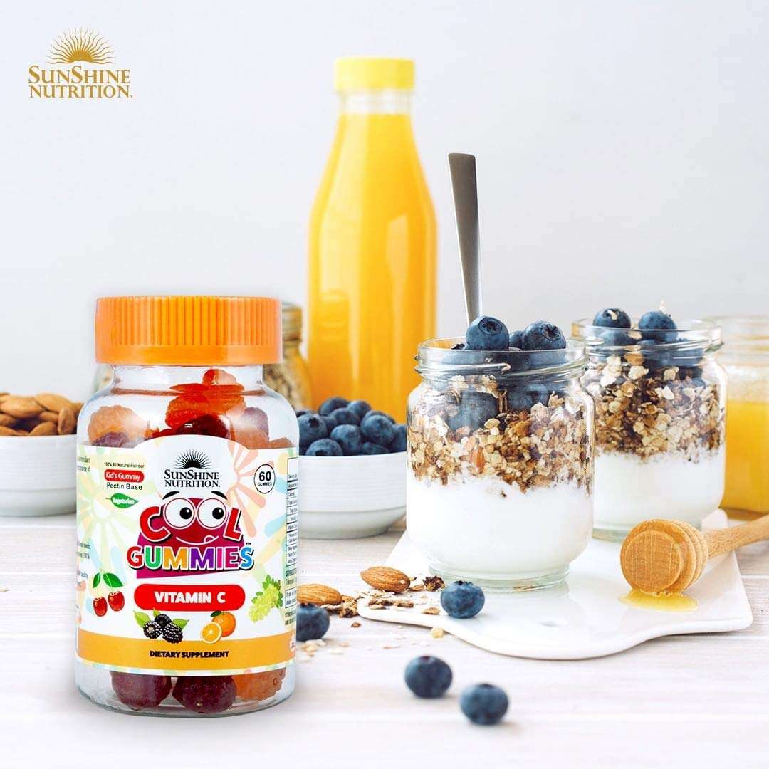 Sunshine Nutrition bottle of Cool Gummies Vitamin C with yogurt parfaits blueberries and orange juice vitamin C gummies for kids