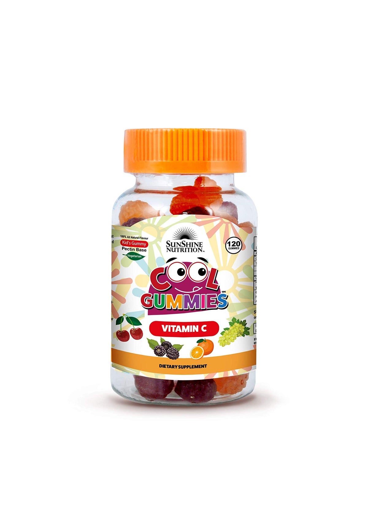 SUNSHINE NUTRITION bottle of colorful vitamin C gummies for kids in assorted fruit shapes with orange cap