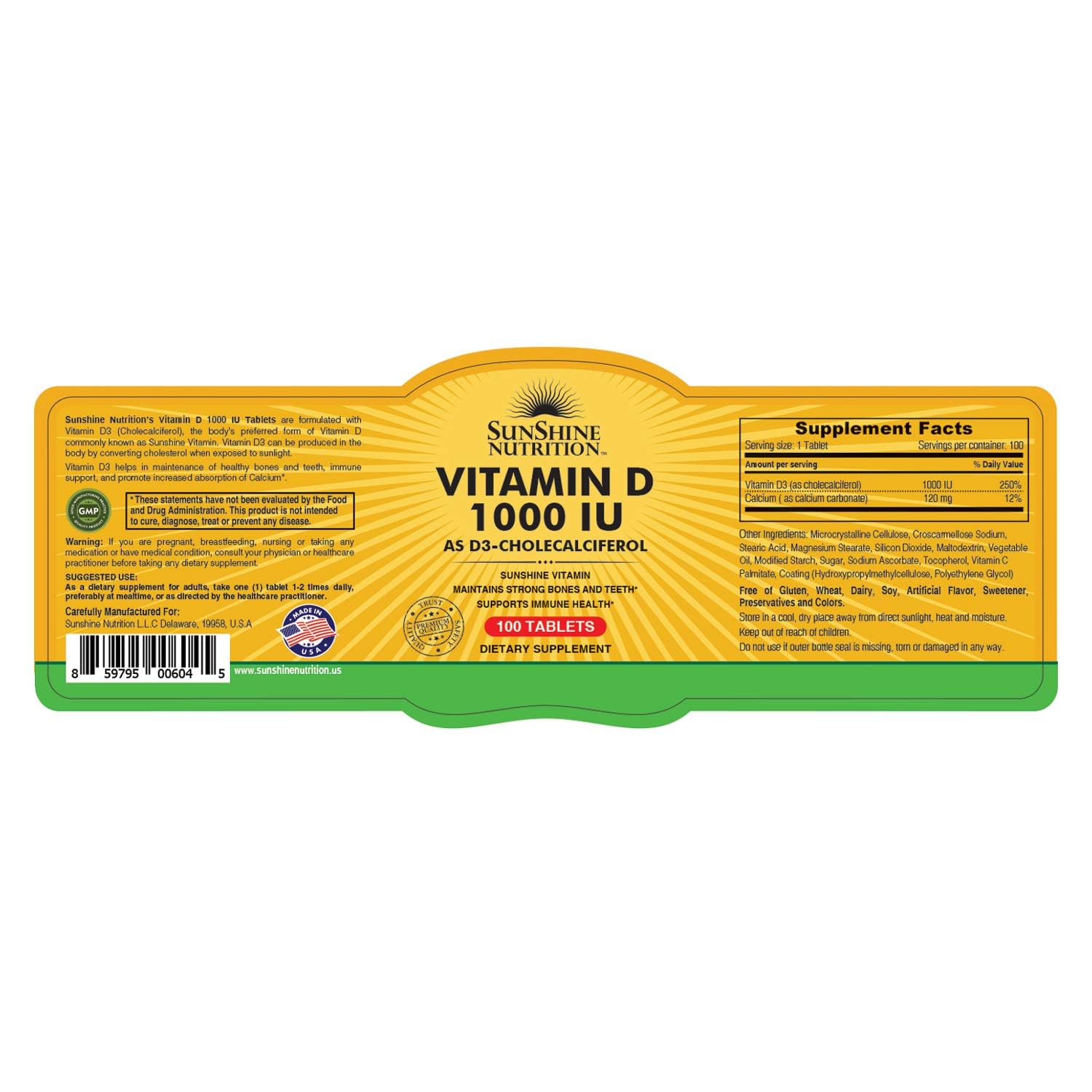 SUNSHINE NUTRITION bottle label for vitamin D3 1000 IU tablets 100 count dietary supplement