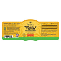 SUNSHINE NUTRITION bottle label for vitamin D3 1000 IU tablets 100 count dietary supplement