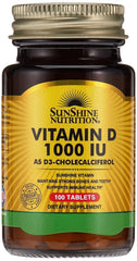 SUNSHINE NUTRITION vitamin D3 1000 IU tablets dietary supplement 100 count amber glass bottle
