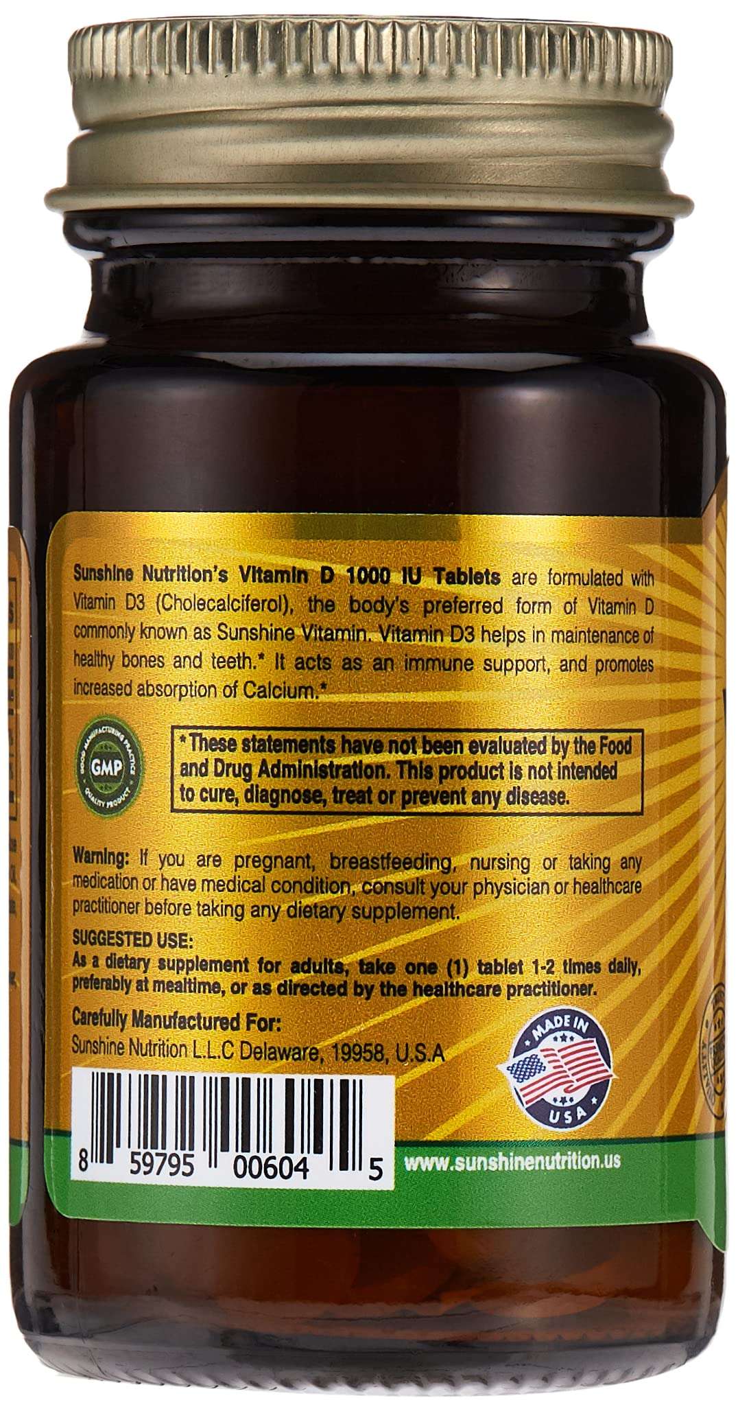Sunshine Nutrition amber supplement bottle with gold cap showing back label for vitamin D3 1000 IU tablets