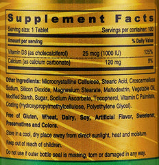 SUNSHINE NUTRITION supplement facts label showing vitamin D3 1000 IU tablets 25 mcg and 120 mg calcium