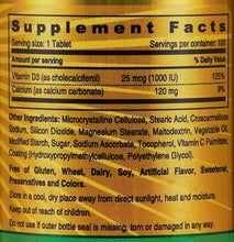 Sunshine Nutrition Vitamin D3 supplement facts panel with 25 mcg per tablet