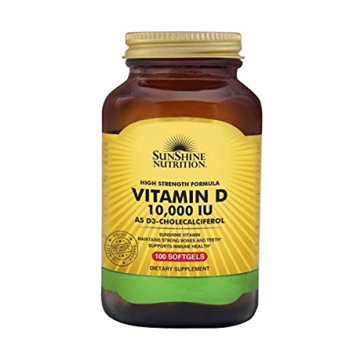 Sunshine Nutrition amber bottle labeled vitamin D3 10000 IU softgels 100 count dietary supplement