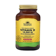 Sunshine Nutrition Vitamin D3 10,000 IU softgel bottle with green band label