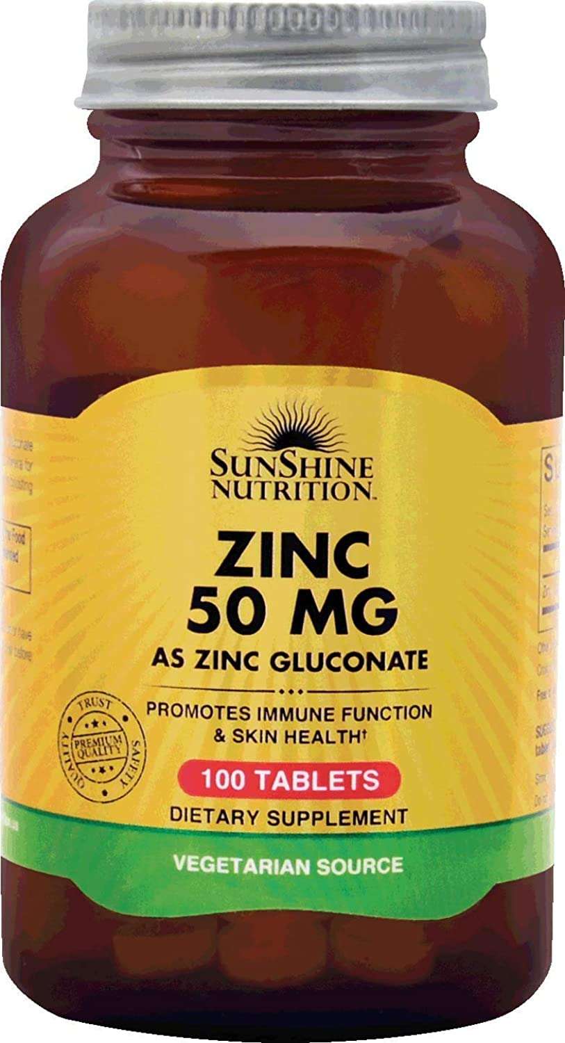 Sunshine Nutrition zinc 50 mg tablets bottle 100 count zinc gluconate dietary supplement vegetarian source