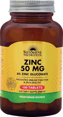Sunshine Nutrition zinc 50 mg tablets bottle 100 count zinc gluconate dietary supplement vegetarian source