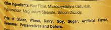 Ingredients list with rice flour, microcrystalline cellulose, hypromellose, magnesium stearate