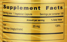 Supplement Facts panel showing 25 mg iron per vegetarian capsule, 139% daily value