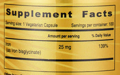 Close up of supplement facts showing iron 25 mg per vegetarian capsule label Sunshine Nutrition Iron 25 Mg, 100 Capsules.