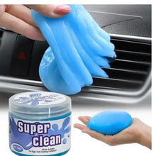 Car cleaning gel slime, blue scoop in hand with Super Clean jar