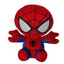 Red-and-blue spider-themed stuffed plush buddy, webbed mask, big glittery eyes