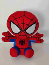 Spider-themed stuffed plush buddy, front view with red webbed mask, blue boots, arms out