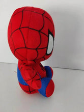 Spider-themed stuffed plush buddy, side view with red web head and blue legs