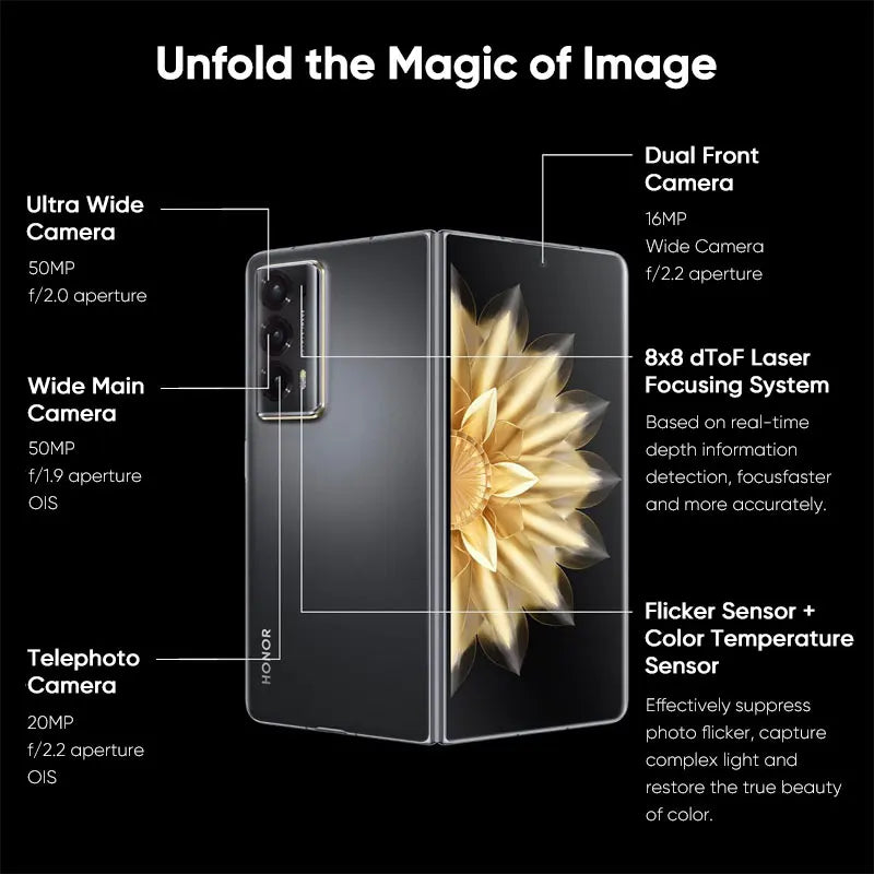 Honor Magic V2 5G foldable phone open with golden flower wallpaper showing triple rear camera module and dual front cameras