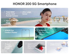 HONOR 200 5G smartphone UAE product collage showing portrait camera large sensor 5200mAh battery and elegant design