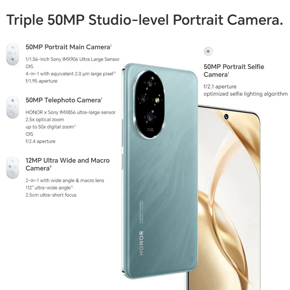 HONOR 200 5G smartphone UAE in mint green showing triple 50MP portrait camera module and curved display
