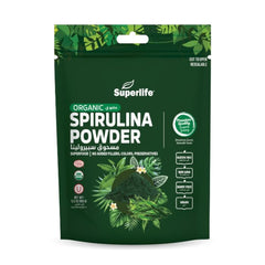 Superlife organic spirulina powder UAE pouch resealable green bag vegan gluten free non GMO