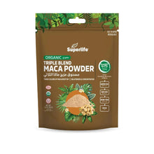 Organic maca powder pouch, brown with Superlife label