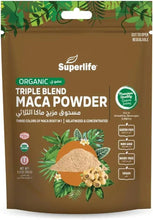Organic triple blend maca powder pouch with Superlife logo and seal icons
