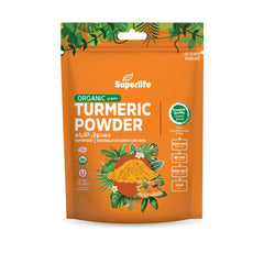 Superlife Turmeric Powder 200gm. Organic resealable orange pouch with bowl of turmeric and roots